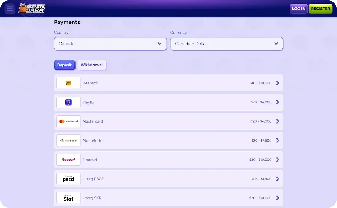 spinbara casino payments